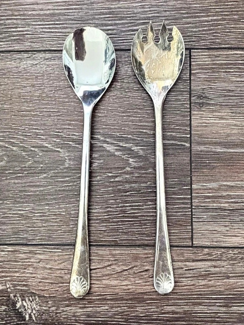 Vtg William Adams WA Italy Silver Plate Shell Hostess Salad Servers Pair 9.5"